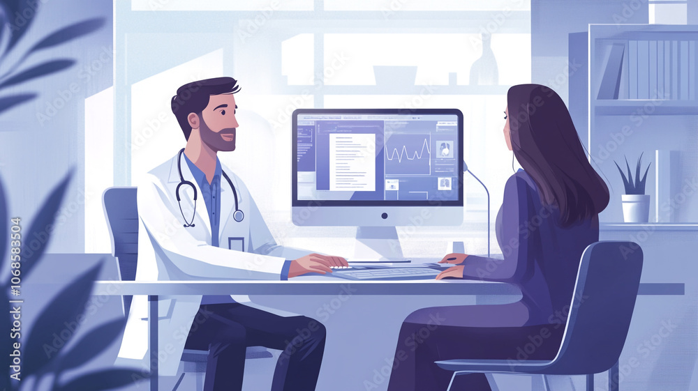 Consultative meeting between a doctor and a patient in a modern medical office setting
