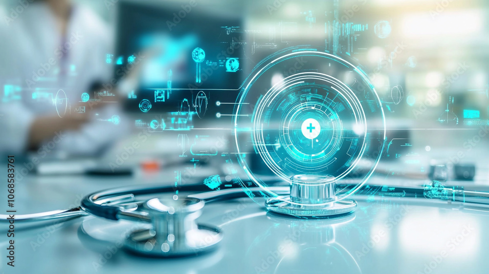 Modern healthcare technology integration in a medical facility with a virtual stethoscope Modern healthcare technology integration in a medical facility with a virtual stethoscope