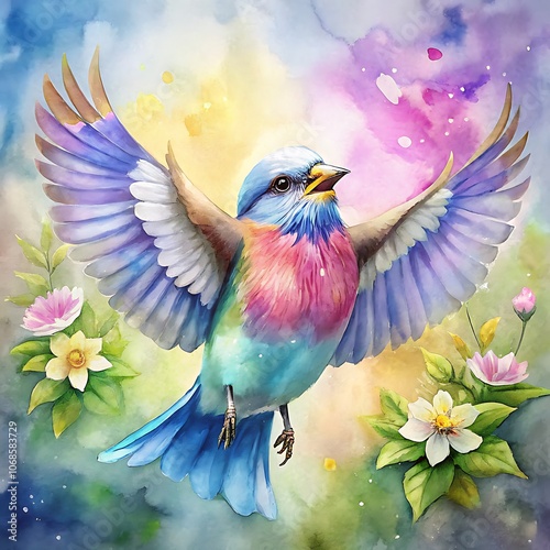 Welcome Spring Lilacbreasted Roller bird watercolor paint photo