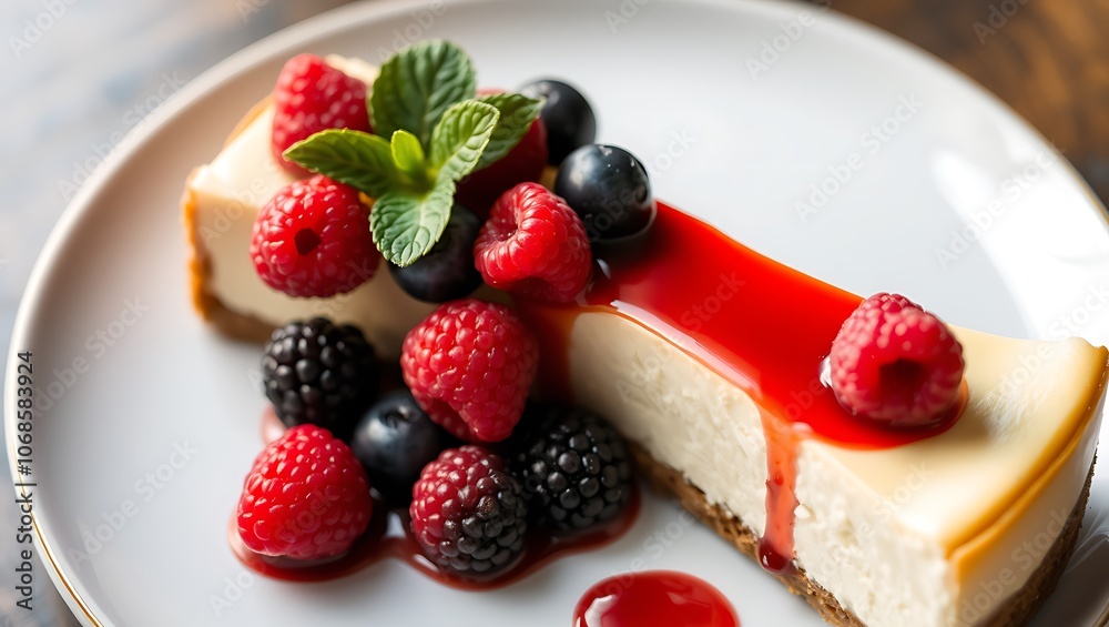 Delicious Cheesecake Topped with Vibrant Red Strawberries and berries Delicious Cheesecake Topped with Vibrant Red Strawberries and berries