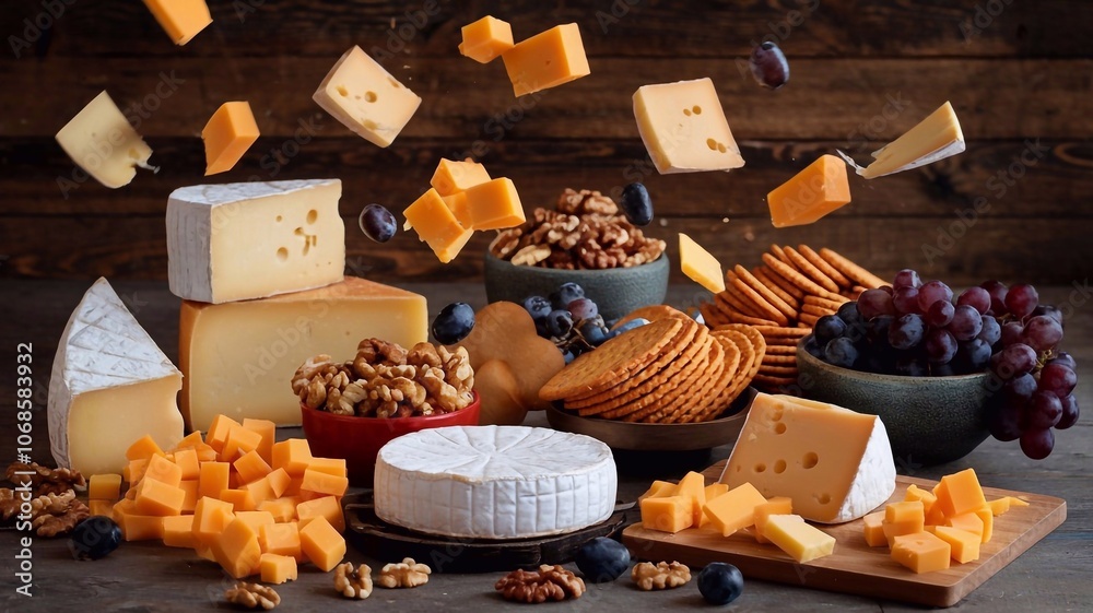 Flying Cheese Assortment with Cheddar, Brie, Walnuts, Crackers, and Grapes for Gourmet Presentation Flying Cheese Assortment with Cheddar, Brie, Walnuts, Crackers, and Grapes for Gourmet Presentation