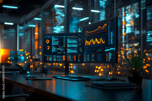 3D Illustration - Stock Market Data Analysis on Dual Monitors