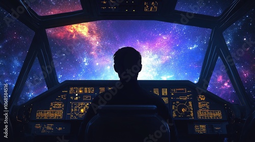 Fototapeta Naklejka Na Ścianę i Meble -   Pilots flying spaceship through starry galaxy at night.