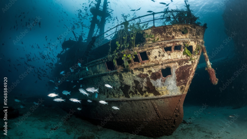 The world, underwater, barely discernible in the light of the driver's flashlight. A ship that sank at a great depth almost a hundred years ago, corroded, partially overgrown, a fish shelter. The world, underwater, barely discernible in the light of the driver's flashlight. A ship that sank at a great depth almost a hundred years ago, corroded, partially overgrown, a fish shelter.