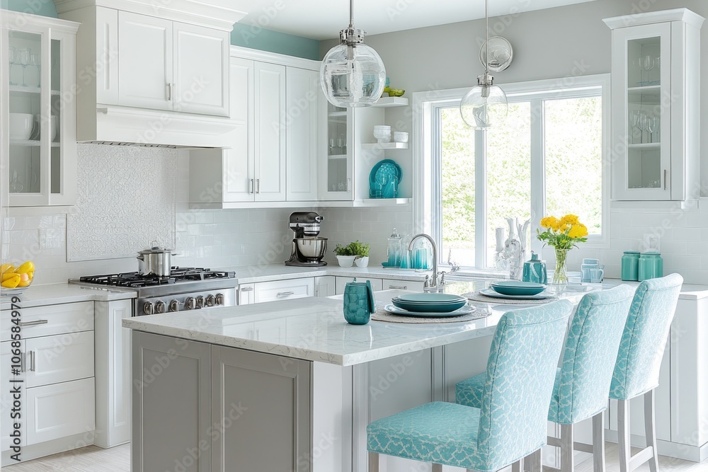 Modern Kitchen Island with White Cabinets and Turquoise Accents Modern Kitchen Island with White Cabinets and Turquoise Accents