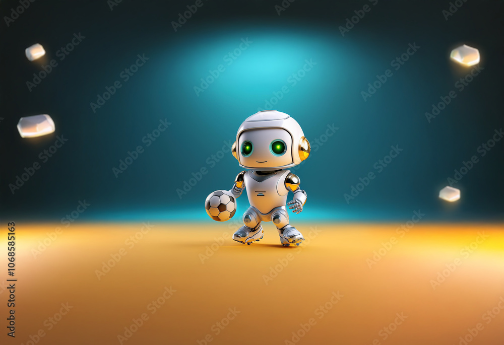 A small white robot with gold accents and green eyes stands on a golden floor, holding a soccer ball. There is a blue spotlight shining down on the robot, and white cubes floating in the background. A small white robot with gold accents and green eyes stands on a golden floor, holding a soccer ball. There is a blue spotlight shining down on the robot, and white cubes floating in the background.