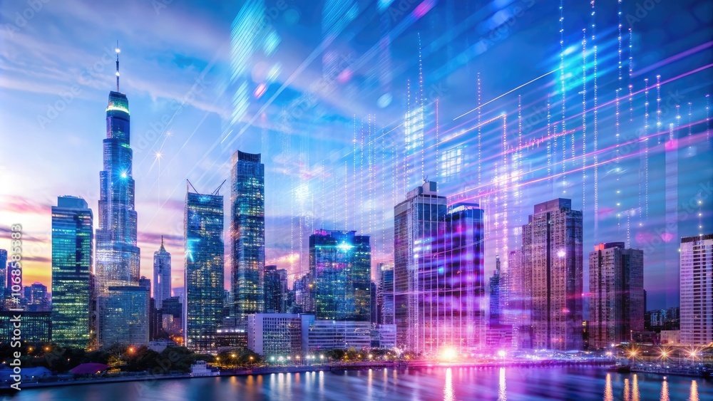 Fototapeta premium Urban Skyline with Digital Overlay at Dusk