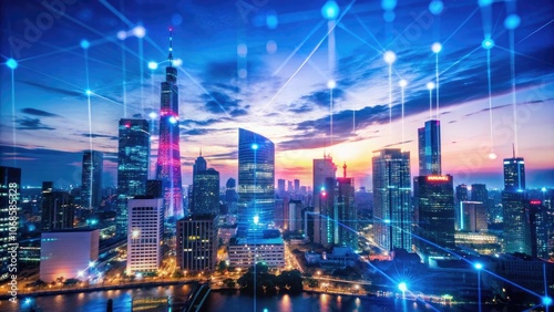 Wallpaper Mural Urban Skyline with Digital Overlay at Dusk Torontodigital.ca