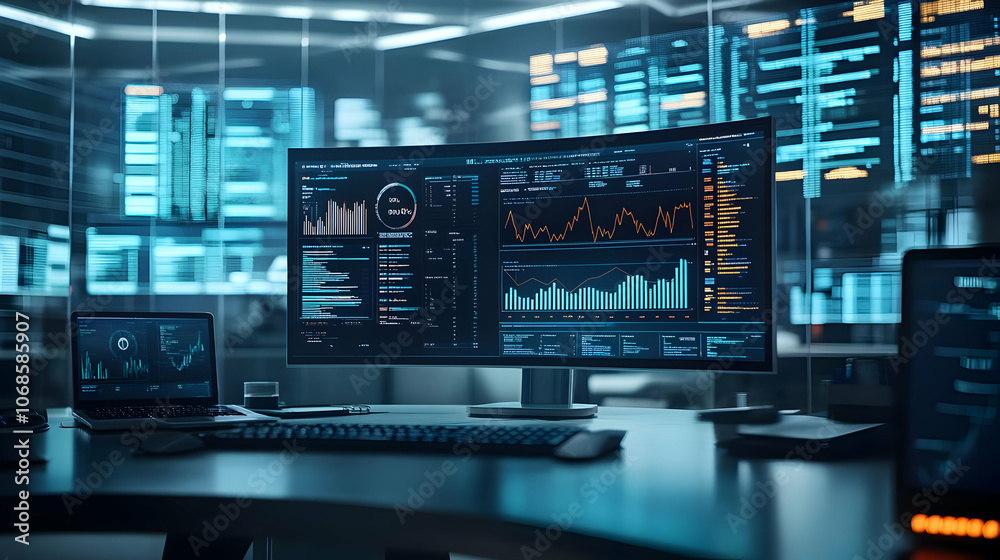 Illustration of Data Analysis, Charts, and Code on Computer Screens in a Dark Room Illustration of Data Analysis, Charts, and Code on Computer Screens in a Dark Room