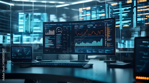 Illustration of Data Analysis, Charts, and Code on Computer Screens in a Dark Room