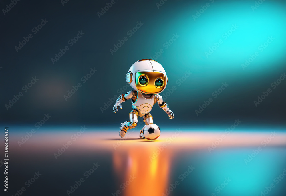 A small, white robot with glowing eyes kicks a soccer ball on a stage illuminated by colorful spotlights. A small, white robot with glowing eyes kicks a soccer ball on a stage illuminated by colorful spotlights.