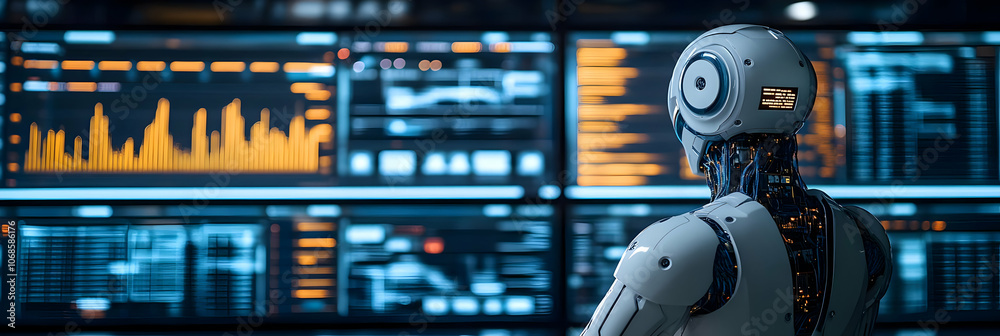 3D Illustration - AI Robot Monitoring Stock Market Data on Multiple Screens 3D Illustration - AI Robot Monitoring Stock Market Data on Multiple Screens