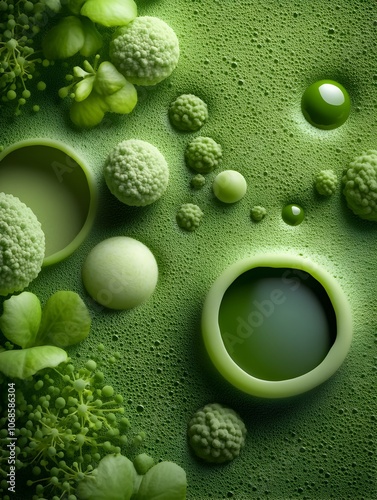 Intricate green algae cells captured in a photomicrograph showcasing the vibrant photosynthesis process happening within a biofuel production laboratory  The high definition photo