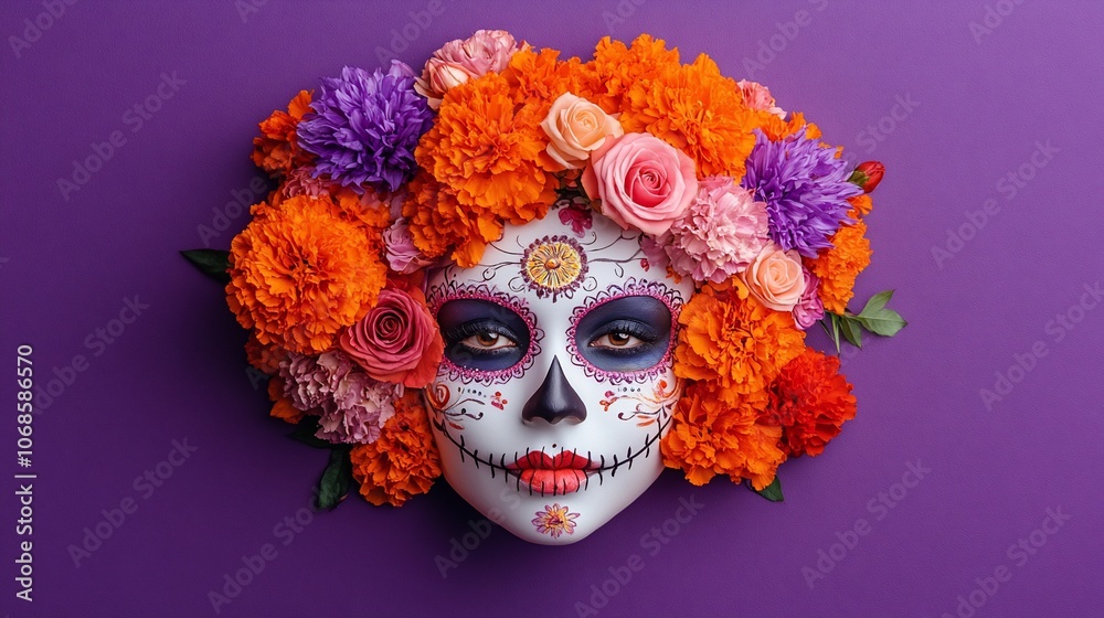 A woman with traditional Day of the Dead makeup, surrounded by colorful flowers on a purple background. A woman with traditional Day of the Dead makeup, surrounded by colorful flowers on a purple background.
