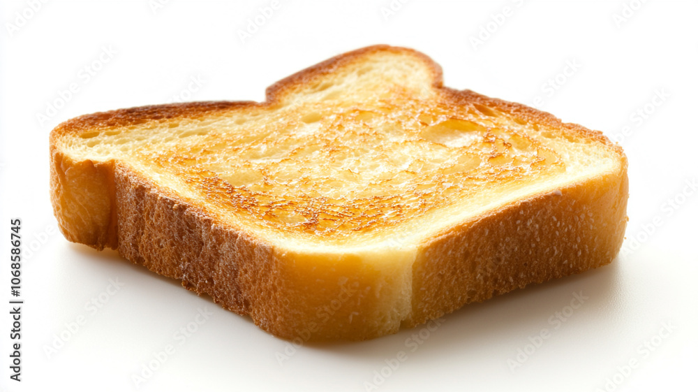 A slice of golden-brown toast isolated on a white background