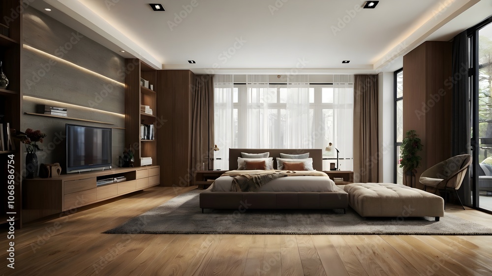 Fototapeta premium modern living room with bed, bedroom ideas, beautiful comfy bed, interior design.