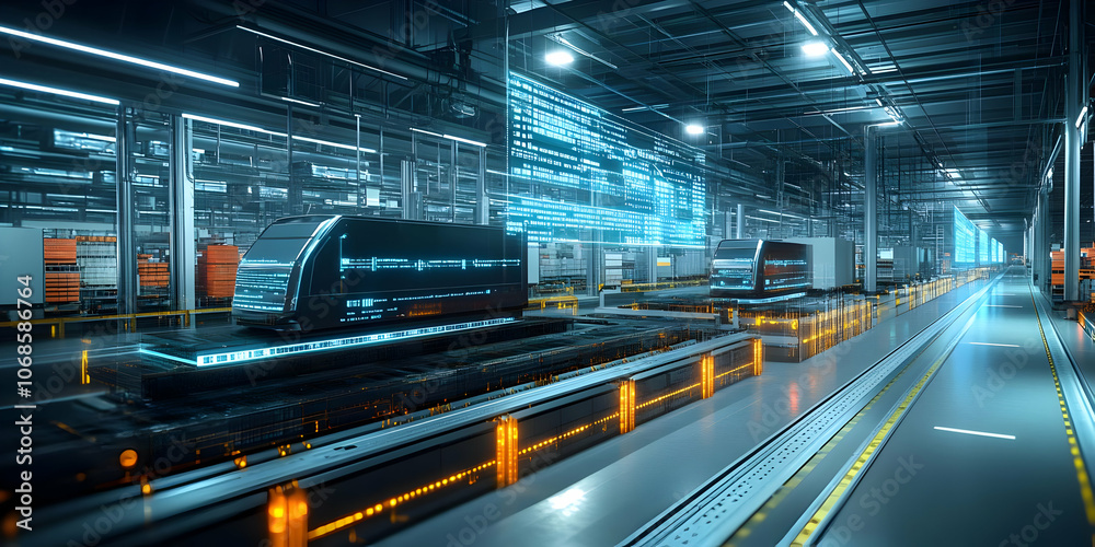 3D Illustration Futuristic Factory Automation, Autonomous Vehicles, and Smart Logistics 3D Illustration Futuristic Factory Automation, Autonomous Vehicles, and Smart Logistics