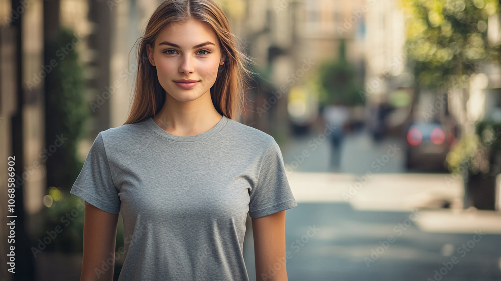 a young woman in a grey T-shirt standing on a street background a young woman in a grey T-shirt standing on a street background