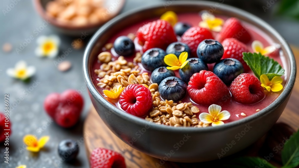 Vibrant smoothie bowl with fresh berries, granola, and edible flowers
