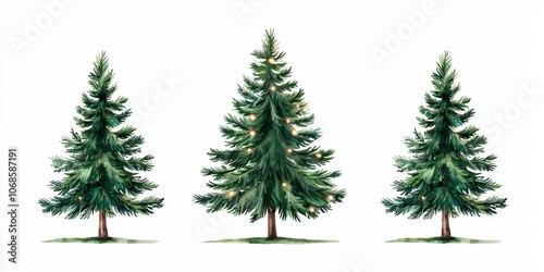 Three green pine trees with detailed needles, symmetrical branches, and a clean white background, ideal for seasonal or nature-themed designs.