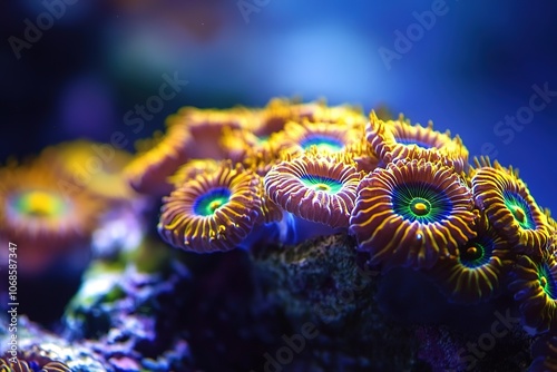 Vibrant close-up of fluorescent coral polyps in aquarium.