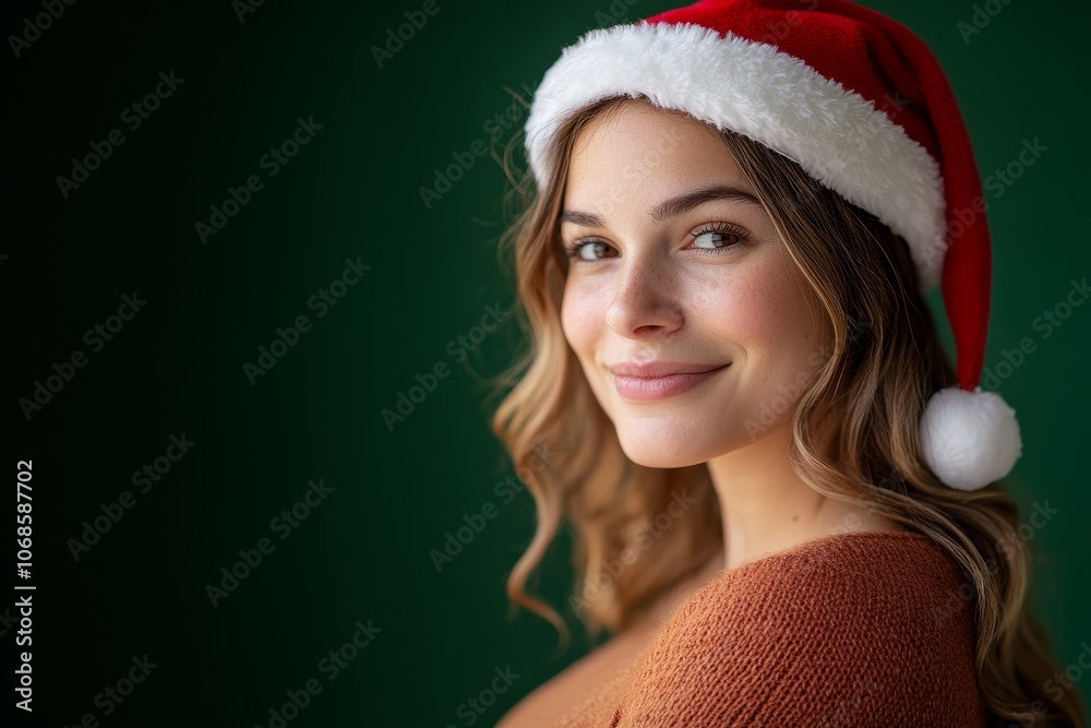 Close up of a beautiful smiling young blond woman wearing santa hat isolated on a green background. Close up of a beautiful smiling young blond woman wearing santa hat isolated on a green background.