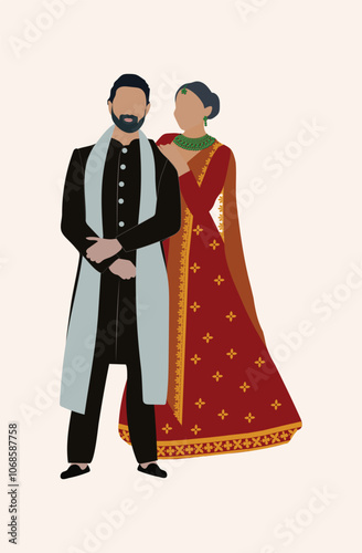Indian wedding couple illustration for save the date, wedding invitation and e-invite cards