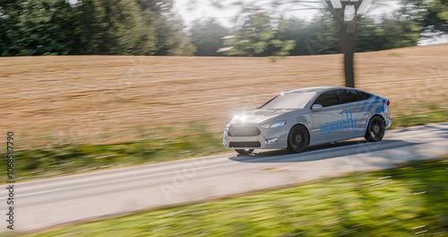 A modern hydrogen-powered car in motion, driving on a scenic road. A perfect image depicting eco-friendly mobility, transportation innovation, and the future of the automotive industry. CGI render