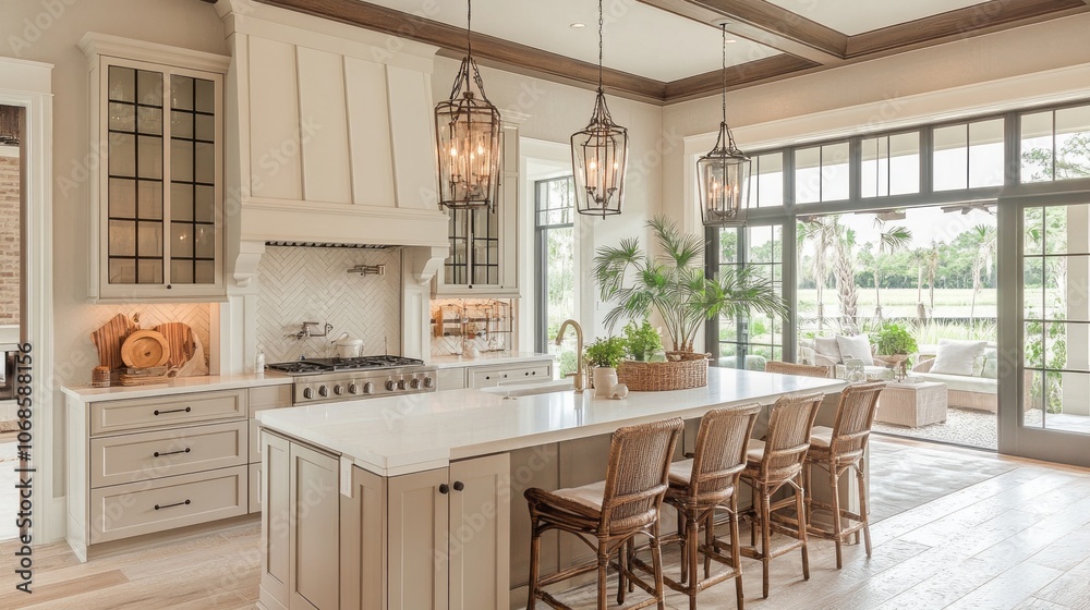 Fototapeta premium Kitchen with Island, White Cabinets, and Wicker Stools