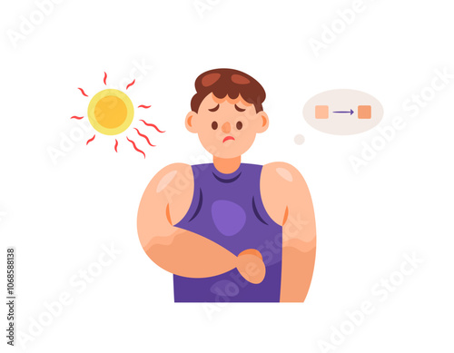 illustration of a sad man because his skin has become striped. skin becomes dark due to exposure to sunlight or ultraviolet or UV rays. health problems. flat style character design. elements