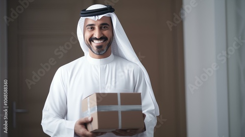 arab man holds cardboard box

