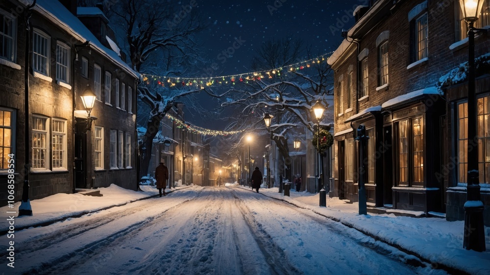 Obraz premium A charming city street in an old-fashioned style during winter, with snow-covered buildings and a cozy, nostalgic winter atmosphere
