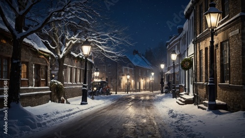 A charming city street in an old-fashioned style during winter, with snow-covered buildings and a cozy, nostalgic winter atmosphere