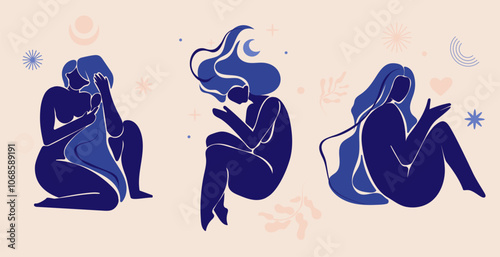 Abstract Contemporary woman silhouette set . Blue color woman figures. Nude female body silhouette with abstract shapes.Beauty,love yourself, body care concept. Abstract wall art,posters.Vector design