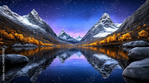 Majestic Mountain Peaks Reflected in Tranquil Lake Under a Starry Sky