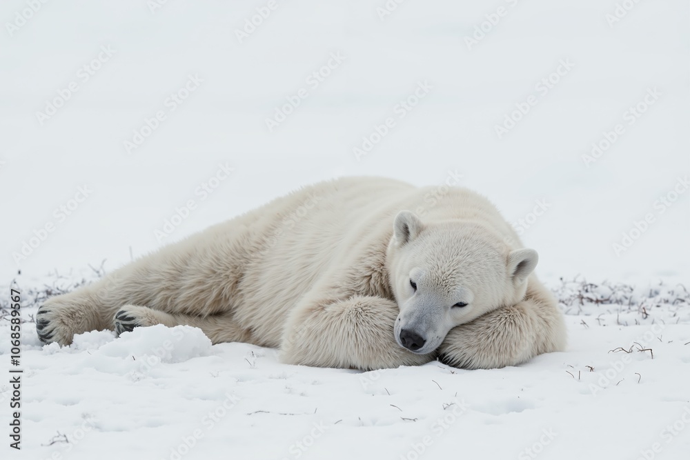 Peaceful polar bear resting in snowy arctic landscape. Peaceful polar bear resting in snowy arctic landscape.