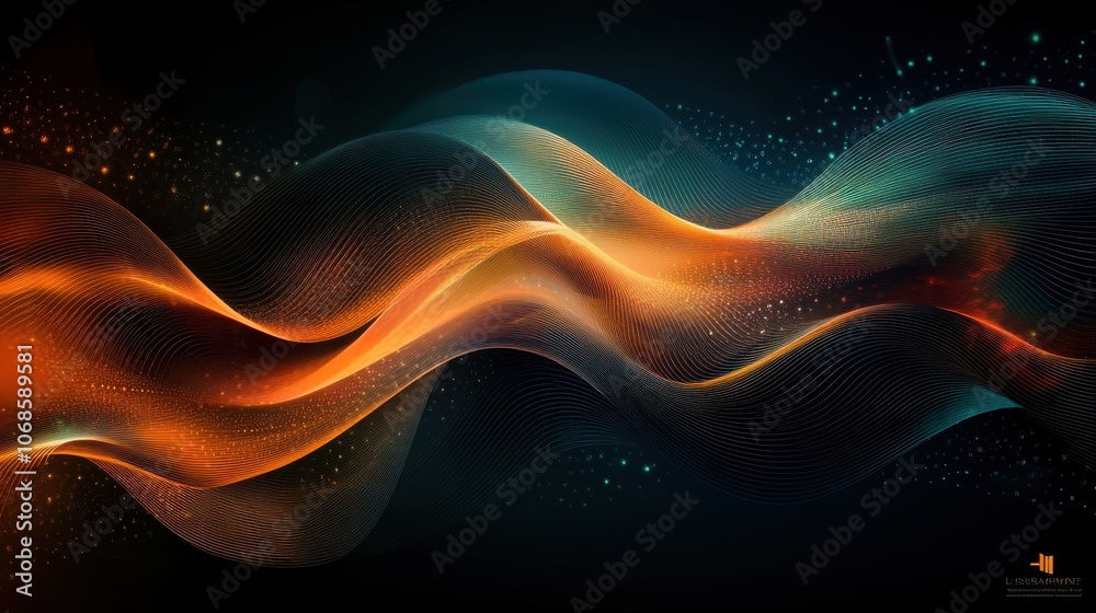 Abstract flowing waves of orange and teal light particles in dark space, Ai Generation