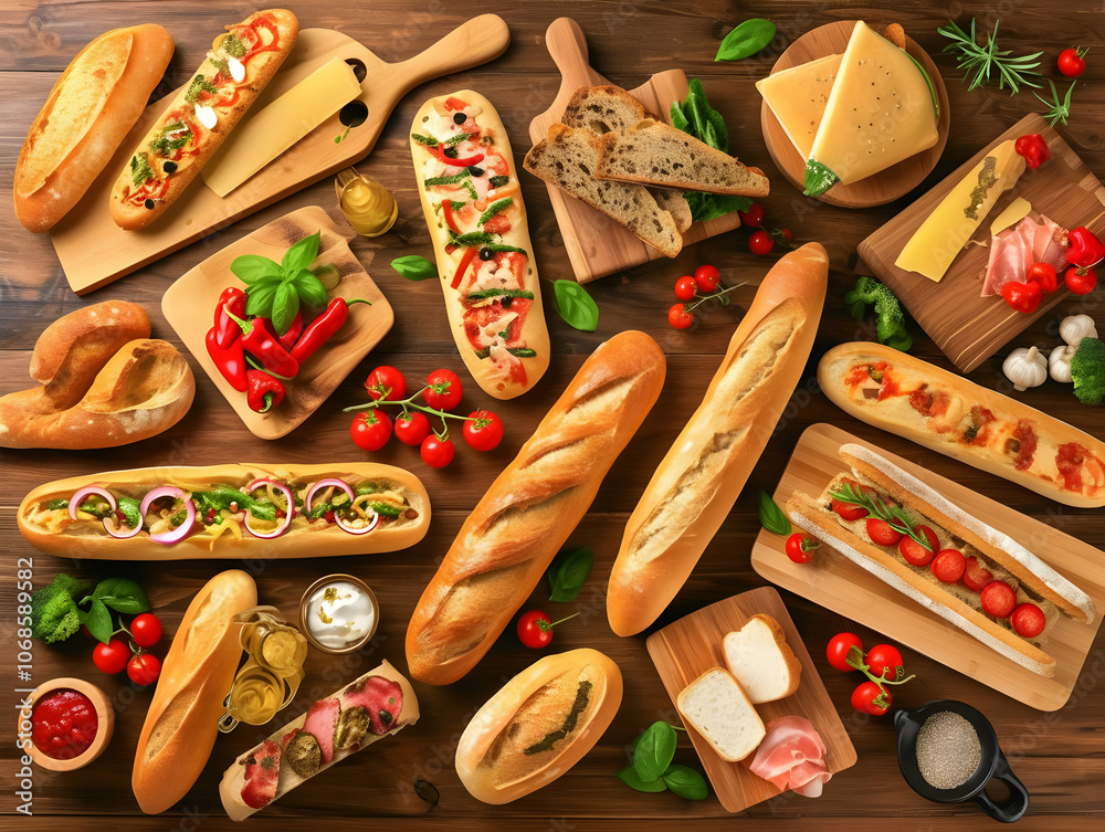 Photo Baguette Bread Tomato Cheese Variety Toppings Table