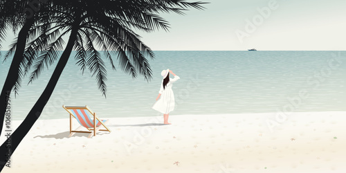 Minimalist seascape with silhouette palm trees, beach chair and a woman at the beach graphic illustration have blank space.