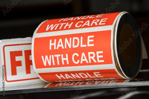 Fragile Handle With Care Sticker roll. Warning labels stickers tape