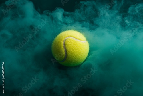 Tennis ball in motion across smoke in dynamic sports photography photo