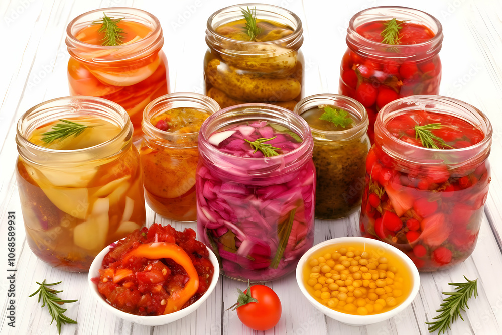 Photo Pickled Vegetables Preserved Food Jars Tabletop Photo Pickled Vegetables Preserved Food Jars Tabletop