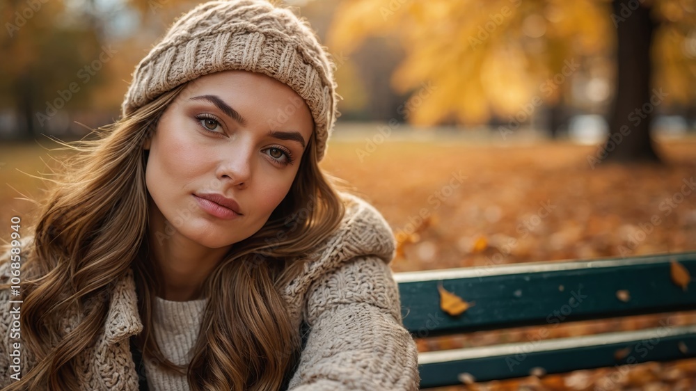 A woman walking on the street surrounded by yellow autumn leaves, capturing the transition between autumn and winter in a serene atmosphere