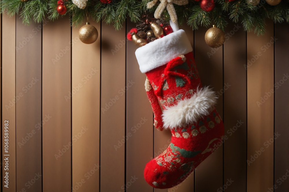 Obraz premium Festive Christmas Stocking Hanging on Wooden Wall with Ornaments
