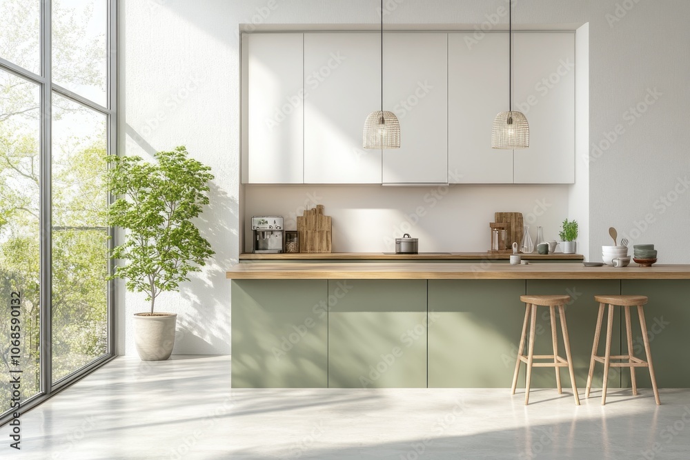 Fototapeta premium Minimalist Kitchen with Green Cabinets and Two Wooden Stools