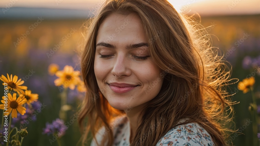 A woman standing in a lush meadow, surrounded by vibrant wildflowers and tall grasses, enjoying the beauty of nature A woman standing in a lush meadow, surrounded by vibrant wildflowers and tall grasses, enjoying the beauty of nature