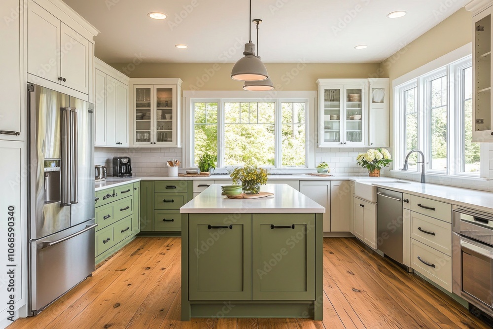 Modern Farmhouse Kitchen with Green Island and White Cabinets