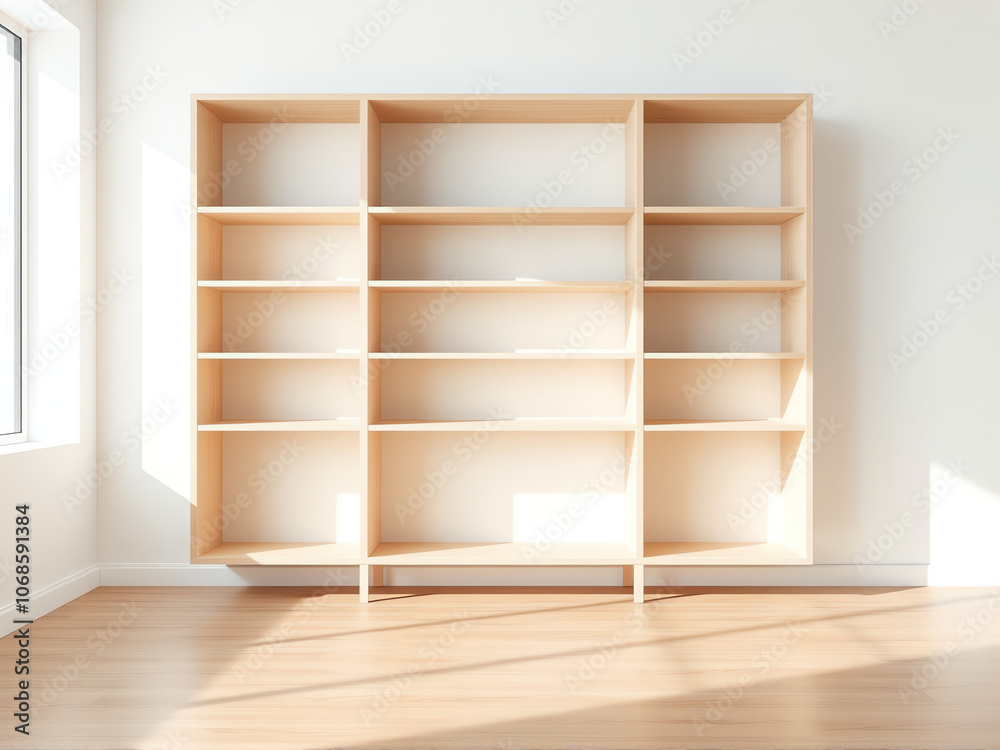 Bright minimalist interior featuring a wooden bookshelf in a sunlit room during daytime Bright minimalist interior featuring a wooden bookshelf in a sunlit room during daytime