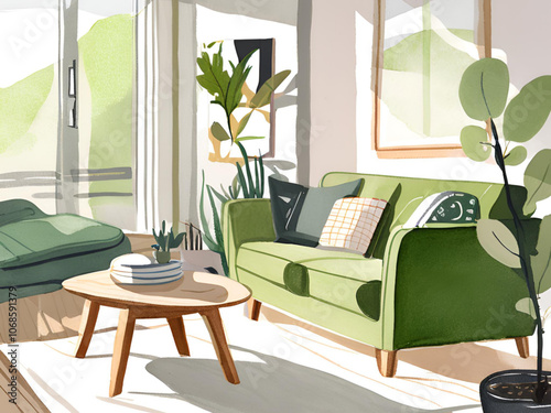 Scandinavian design style living room with green sofa