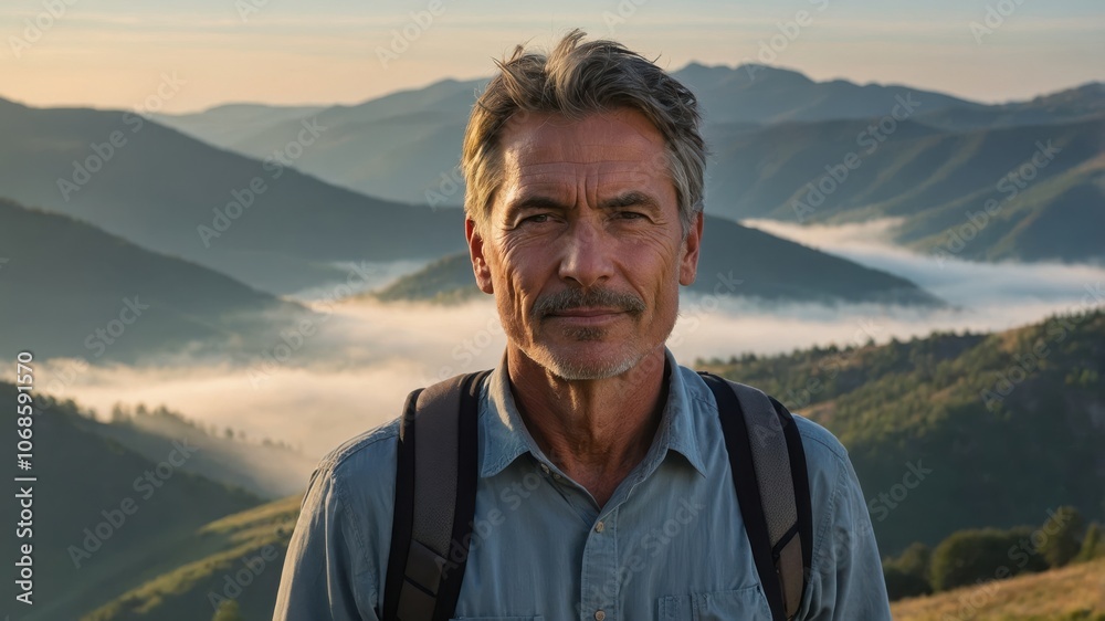 A man standing against the stunning backdrop of snow-capped mountains, enjoying the natural beauty and peaceful scenery A man standing against the stunning backdrop of snow-capped mountains, enjoying the natural beauty and peaceful scenery